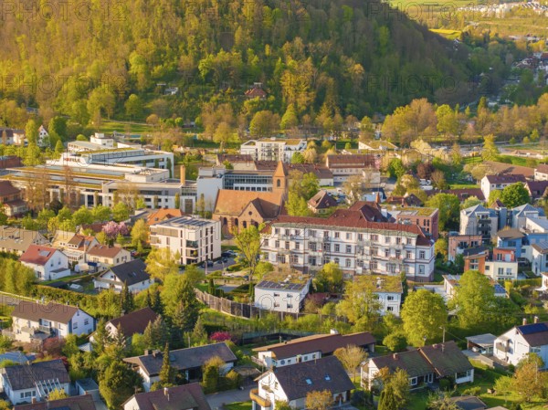 View of a blooming cityscape with various residential buildings and hills, Nagold, Black Forest, Germany