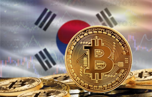 Investors in cryptocurrency and Blockchain Technology in South Korea, Concept. Bitcoin with South Korea flag in the background