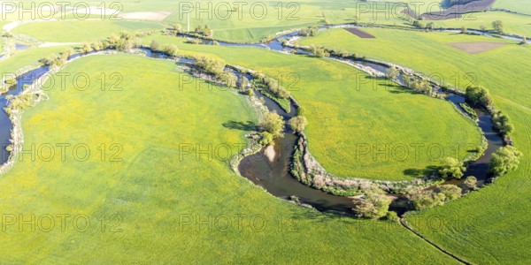Young Danube river landscape aerial view panorama near Geisingen, Germany