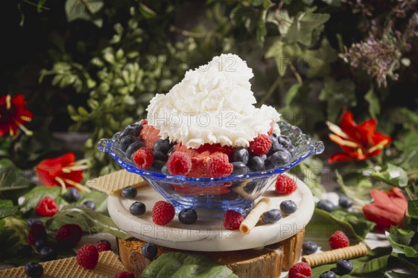 Ice cream sundae with cream, raspberries and blueberries, decoratively arranged, surrounded by leaves and flowers
