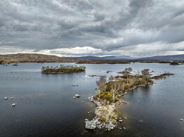 Rannoch Moor from a drone over Loch Ba and Loch of the Armpit, A82 Highland Way, Argyll and Bute, West Highlands, Scotland, United Kingdom