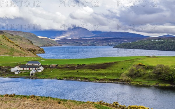 Farms over Loch Harport, Drynoch, Isle of Skye, Scotland, UK