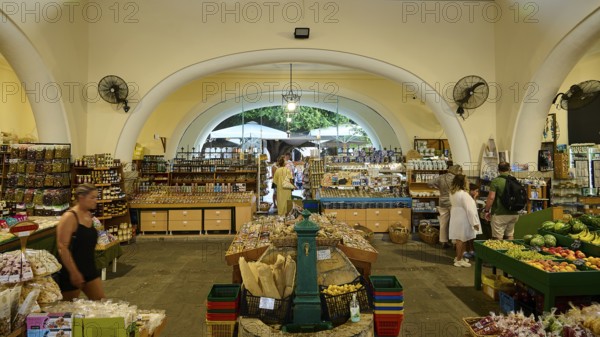 Agora, Municipal Market Hall, A busy marketplace with various food stalls and people, Kos Town, Kos, Dodecanese, Greek Islands, Greece
