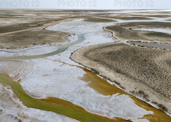Aerial view of a barren desert landscape with salt lakes and dry river, aerial view, salt lake, Tuz Gölü, location between Konya, Aksaray and Ankara, Turkey