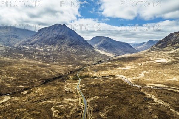 Mountains and Moors over Glen Etive Valley from a drone, Buachaille Etive Mòr, The Buachaille, Highlands, Scotland, United Kingdom