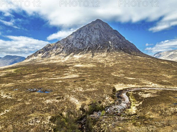 The Buachaille Mountain and Moors over Glen Etive Valley from a drone, Buachaille Etive Mòr, The Buachaille, Highlands, Scotland, United Kingdom