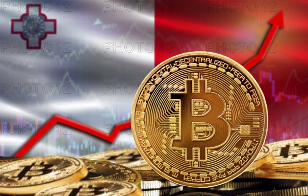 Bitcoin rising with Malta flag in the background. Bitcoin with Malta flag in the background