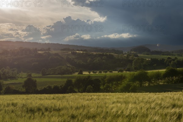 Dramatic cloudy sky with approaching storm and last rays of sunshine, Frankenhain, dark cloud wall, cumulonimbus clouds, thunderstorm in the lift, low mountain landscape, agriculture, forest, grain field, backlight shot, municipality Berkatal, Werra-Meissner-Kreis, Hesse, Germany