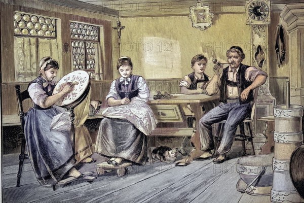 Family on a Sunday afternoon in a living room on a farm in the Appenzell area, a region in Switzerland, Illustration from 1894, Reproduction, digitally enhanced, Historical