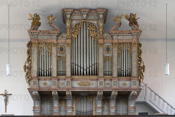 Prospectus of the 1710 organ of the parish church of St John, built in 1717-19, Biberacher Str. 6, Ummendorf, district of Biberach, Baden-Württemberg, Germany