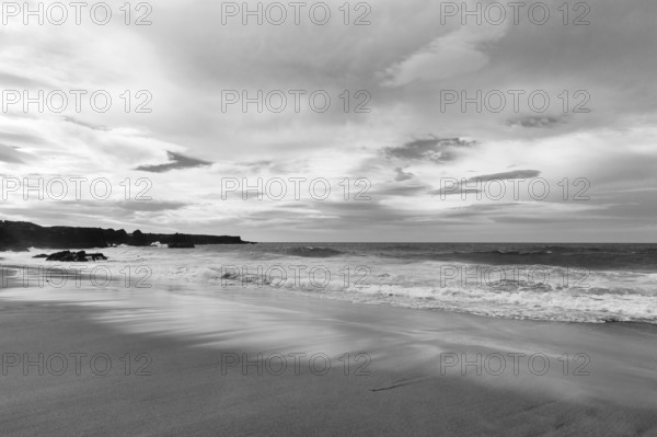 Skarðsvík Beach, surf waves on a sandy beach, coastal landscape, monochrome, Skardsvik, Snaefellsnes, West Iceland, Iceland