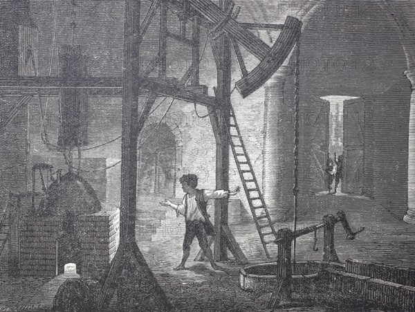 Humphrey Potter, the alleged inventor of the automatic control of a steam engine, 1712, digitally enhanced reproduction of a 19th century model, historical
