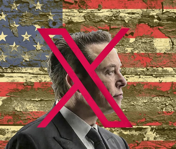 Symbolic image, USA destroyer Elon Musk eleminated by his own Twitter-X, social media, hate speech, free speech, glamour factor internet and computer, mobile phone, smartphone, data traffic, @ sign. Mail traffic, AI, ChatGBT, AI, OpenAI, chatbot, artificial intelligence, artificial intelligence, IT system, computer science, AI learning, IT technology, computer system, software, Apple, Google, Microsoft, radical forums, ultra-right, right-wing radicals, Donald Trump