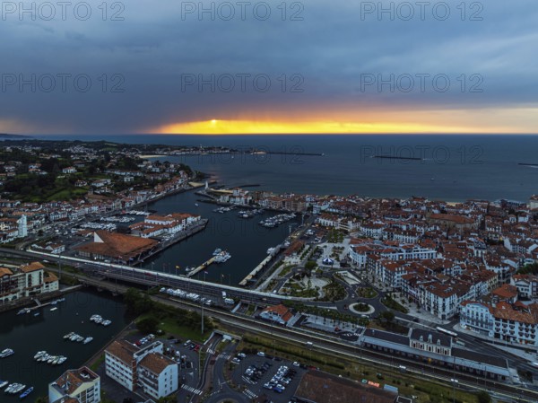 Panorama of Sunset over Saint-Jean-de-Luz from a drone, Nouvelle-Aquitaine, Pyrenees-Atlantiques, France