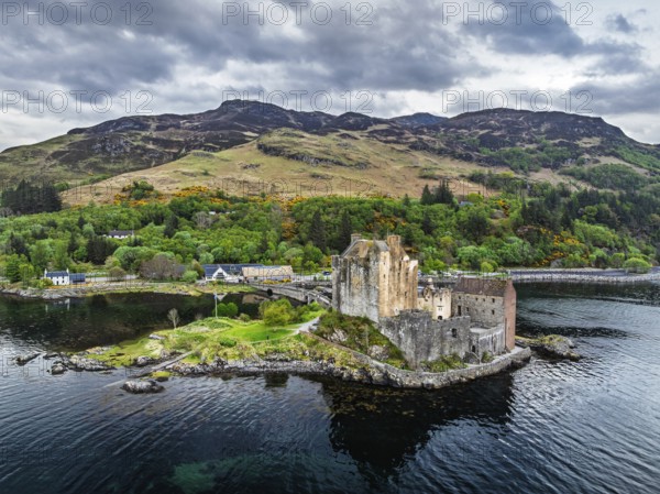 Eilean Donan Castle and Loch Duich from a drone, Isle of Skye, Highlands, Scotland, England, United Kingdom