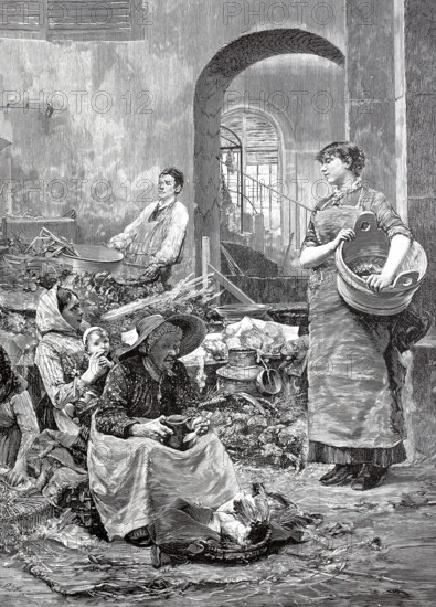 Poor vegetable market in a small town in France around 1880, Poverty, Historical, digitally restored reproduction from a 19th century original, Record date not stated