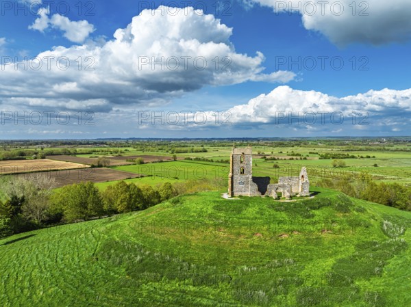 Burrow Mump from a drone, Southlake Moor, Burrowbridge, Taunton, Somerset, England, United Kingdom