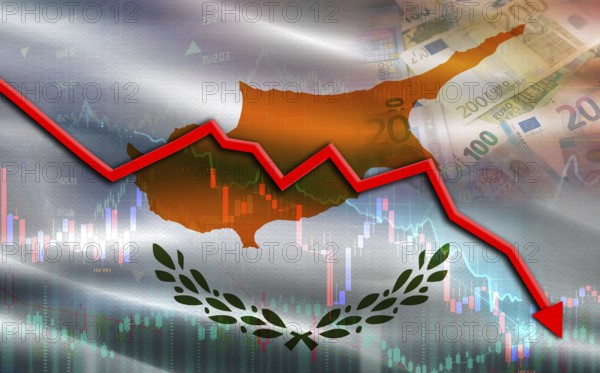 Chipre financial fall on economy market. Chipre financial crisis on economic graph
