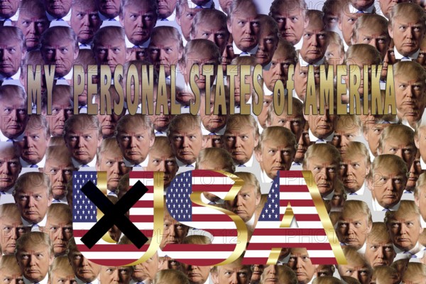 Symbolic image, Trump as owner of the USA, no more United States, democracy versus autocracy, Donald Trump sees himself as a ruler above the law, US democracy in danger, political blackmail, EU and Germany under political pressure, industry, tariff threats, Elon Musk, Mark Zuckerberg, social networks, fake news, rights broken, hate, agitation, DSG Digital Services Act, re-election, USA, politics, announcements, vendetta, wanted dictator, Republicans, US electoral system, global danger, lies, 2nd term, global strain, Ukrainian war, storm White House, storm White House term, global burden, Ukrainian war, White House storm