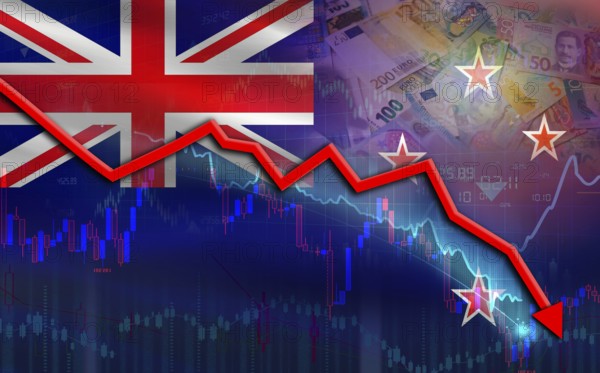 New Zealand financial fall on economy market. New Zealand financial crisis on economic graph