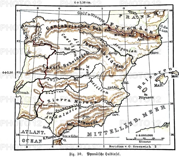 Pyrenean Peninsula, historical geographical map, topography, Madrid, Lisbon, Ebro, Tagus, Pyrenees, Cantabrian Mountains, Sierra Nevada, Balearic Islands, Mediterranean Sea, latitude and longitude, zero meridian, scale, distance in kilometres, Seydlitz Geography 1885