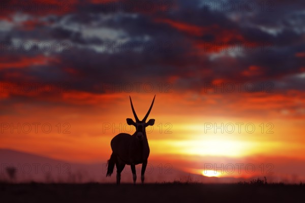 Oryx with orange sand dune evening sunset. Gemsbock large antelope in nature habitat, Sossusvlei, Namibia. Wild desert. Gazella beautiful iconic gemsbok antelope from Namib desert, sunrise Namibia