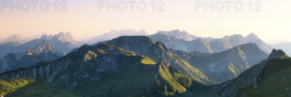 Panorama from Mount Gantrisch, sunset over the Bernese and Fribourg Pre-Alps, Canton of Bern, Switzerland