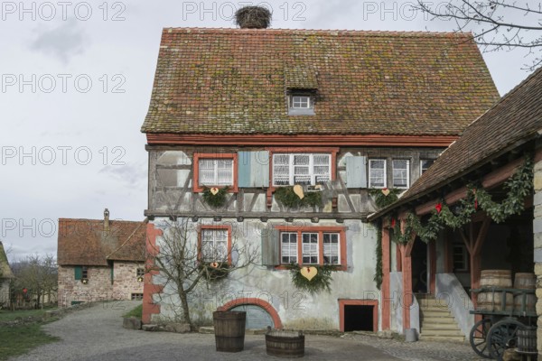 Half-timbered house with colourful paintwork, wooden shutters and rustic charm, surrounded by rural idyll, Ecomusée d'Alsace, largest open-air museum in France, Ungersheim, Alsace, France
