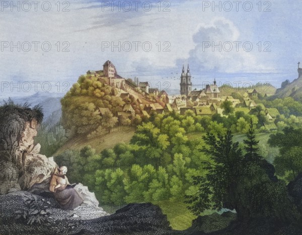 Castle, church and village of Gößweinstein around 1850, Franconian Switzerland, district of Forchheim, Upper Franconia, Bavaria, Germany, digitally enhanced reproduction from a 19th century original, coloured, historical, exact date unknown