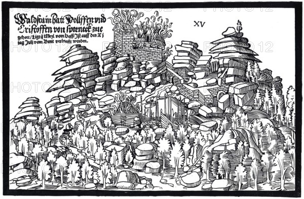 Destruction of Waldsteinburg in 1523, also called Red Castle, on the Großer Waldstein in the Fichtelgebirge, Upper Franconia, Bavaria, Germany, Historical, digitally restored reproduction from a 19th century original, Record date not stated