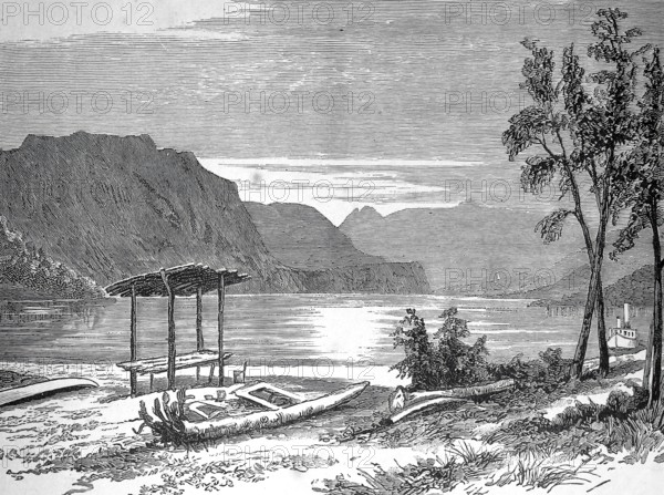 Boat dock at Shuswap Lake is a lake in south-central British Columbia in Canada in 1883, Historic, digitally restored reproduction from a 19th century original, Record date not stated