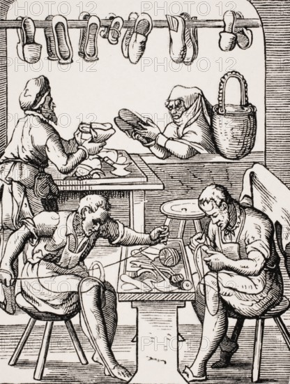 Shoemaker. Reproduction of a woodcut from the 16th century by Jost Amman from the 19th century, digital reproduction of a historical model