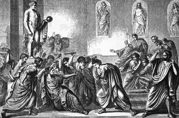 The assassination of Julius Caesar by a conspiracy of about 60 Roman senators, the so-called Liberators, on the Ides of March (15 March) 44 BC, digital reproduction of a historical model
