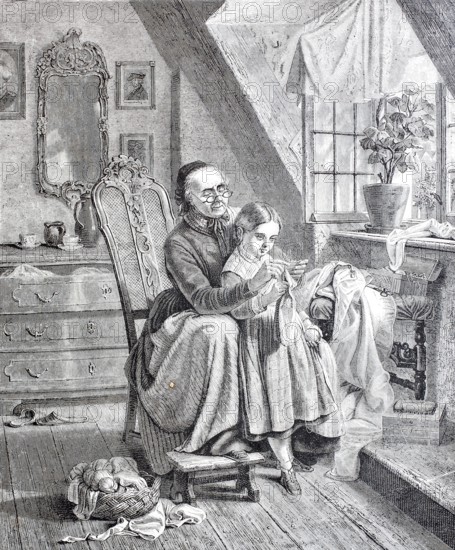 Grandmother shows granddaughter how to knit, at home, knitting utensils, wool, 1888, Germany, digitally enhanced reproduction from a 19th century model, historical, exact date unknown