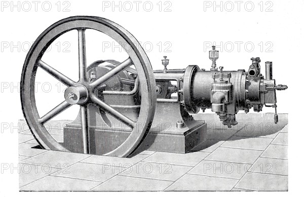 Horizontal petrol engine, designed by J.M. Grob & Co. from Leipzig, around 1886, historical, digitally enhanced reproduction of a 19th century model