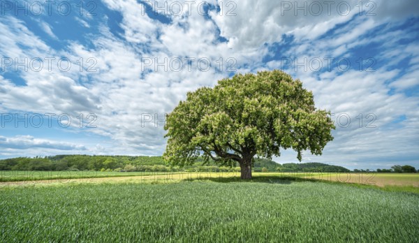 Large flowering solitary horse chestnut tree surrounded by green fields under a blue sky with white clouds in spring, Pattensen, Lower Saxony, Germany