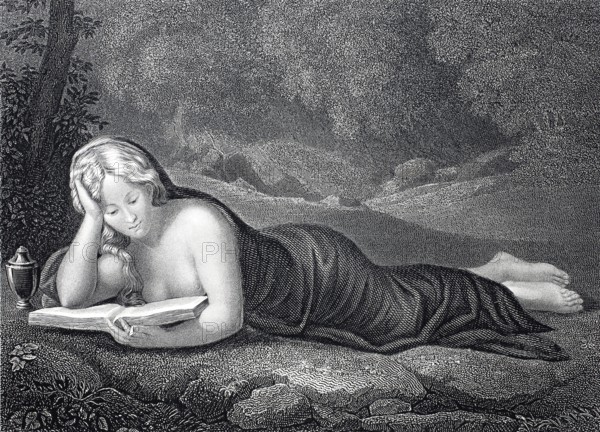 Magdalena, Woman lying on the ground and reading a book, Steel engraving after a painting by Correggio, Historic, digitally restored reproduction of a 19th century original, A woman reclining and reading a book in a peaceful, classical landscape