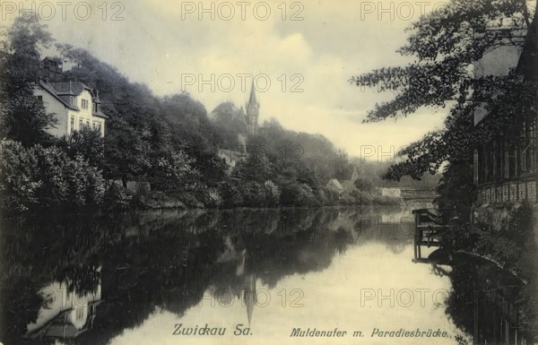 Historical postcard, picture postcard, bank of the Mulde with Paradise Bridge in Zwickau, Saxony, Germany, digitally enhanced reproduction of an original from around 1900, picture postcard