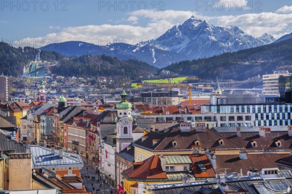 Old town roofs above the Herzog-Friedrich-Strasse with the Serles 2717m, Innsbruck, Inntal, Tyrolean Alps, Tyrol, Austria