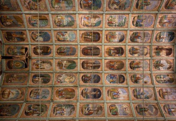 Interior view, church ceiling, wooden ceiling with New Testament scenes, apostles and the secondary patrons, Chapel of the Holy Blood, Willisau, Canton Lucerne, Switzerland