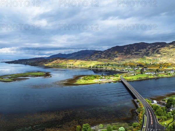 Loch Long Bridge or Dornie New Bridge from a drone, Loch Long River, Highlands, Scotland, England, United Kingdom