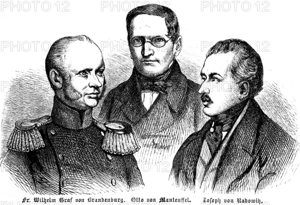 King Friedrich Wilhelm IV, Brandenburg-Manteuffel Ministry, Prussian Prime Minister Wilhelm Graf von Brandenburg, Otto von Manteuffel, Joseph von Radowitz, portrait, Prussia, historical illustration 1896