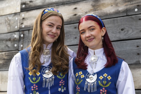 Young woman in traditional traditional costume at the reception for King Harald at the end of coal mining, portrait, Longyearbyen, Spitsbergen