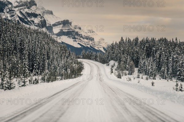 Winter road trip on the Icefields Parkway with lots of snow and ice, Banff National Park, Jasper National Park, Alberta, Canada