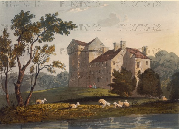 Branxholme Castle, manor house in Scotland, west of the village of Branxholme in the Council Area Scottish Borders, c. 1850, after a painting by Theodore Henry Adolphus Fielding, digitally enhanced reproduction, historical, exact date unknown
