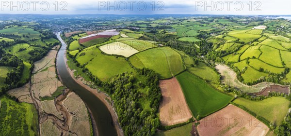 Panorama of Farms and Fields over River Dart from a drone, Stoke Gabriel, Totnes, Devon, England, United Kingdom