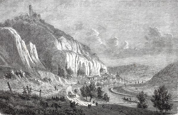 Randeck Castle and the village of Neuessing in the Altmühl Valley around 1870, Kelheim district, Lower Bavaria, Bavaria, Germany, Historical, digitally enhanced reproduction of a 19th century original