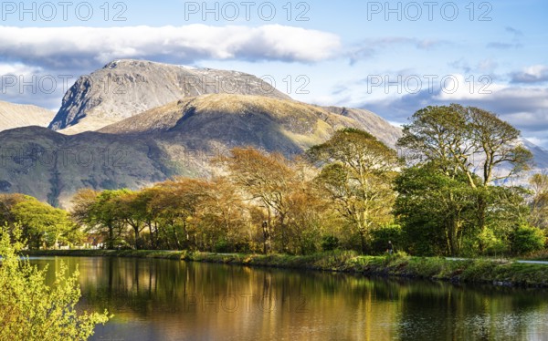 Caledonian Canal, Caol Beach and Nevis Range Mountains, Corpach, Fort William, Highland, Scotland, UK