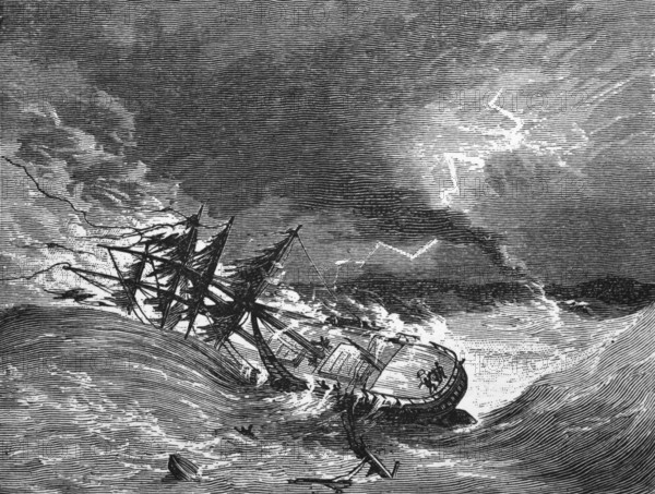 Ship in distress due to a storm and a waterspout, around 1870, Scotland, digital reproduction of a historical model