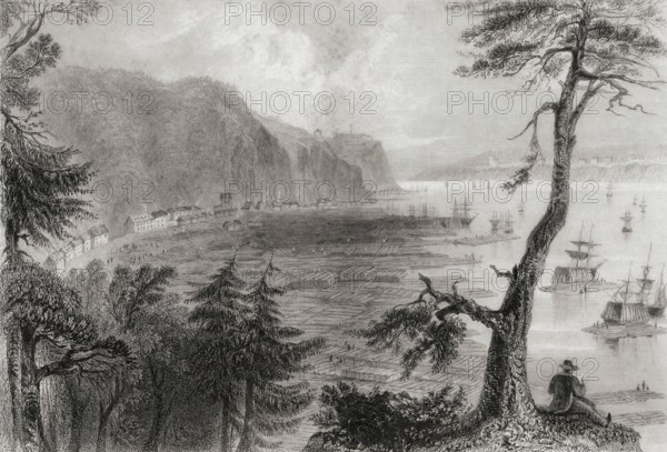 Timber Depot, lumberyard in the water, Quebec, Canada in the 19th century. From the Cyclopaedia of Useful Arts and Manufactures by Charles Tomlinson, digital reproduction of a historical model